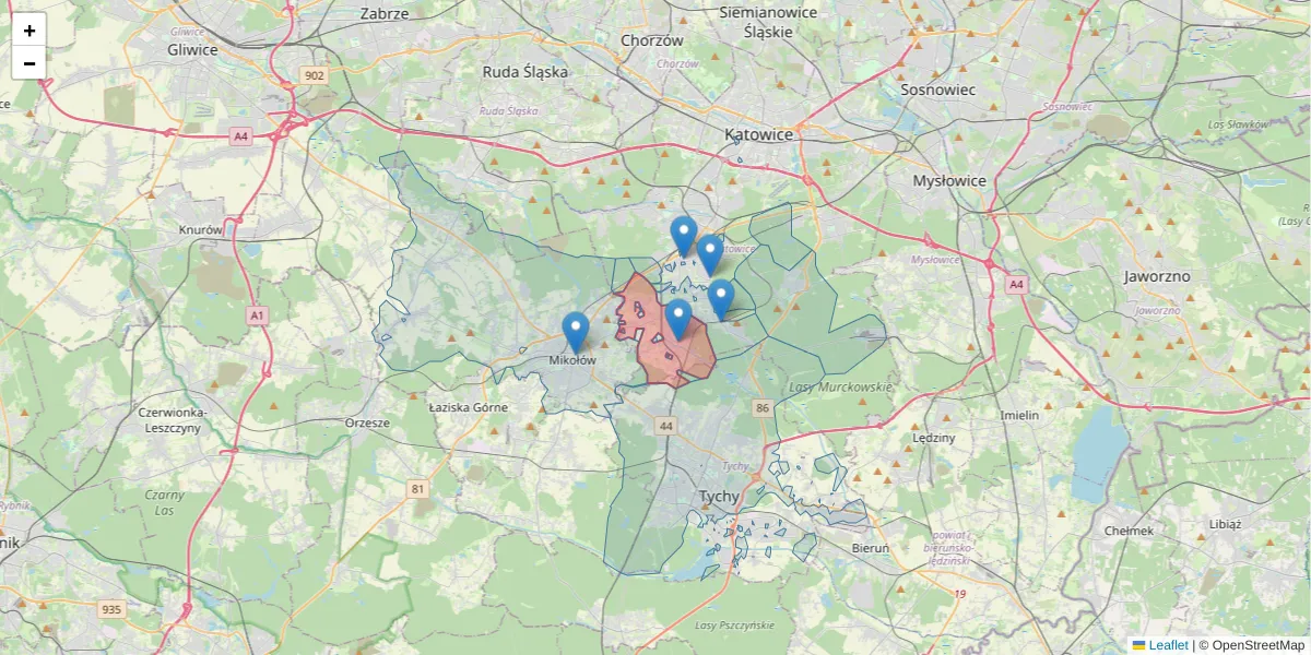 Szczegółowa mapa kodu pocztowego 40-748 z granicami, sąsiednimi kodami pocztowymi i urzędami pocztowymi
