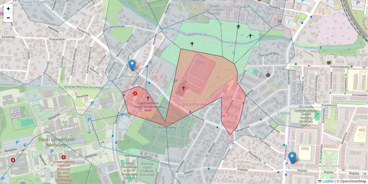 Szczegółowa mapa kodu pocztowego 40-760 z granicami, sąsiednimi kodami pocztowymi i urzędami pocztowymi