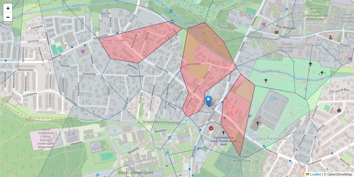 Szczegółowa mapa kodu pocztowego 40-761 z granicami, sąsiednimi kodami pocztowymi i urzędami pocztowymi
