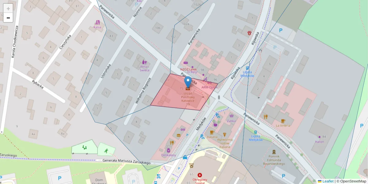 Szczegółowa mapa kodu pocztowego 40-762 z granicami, sąsiednimi kodami pocztowymi i urzędami pocztowymi