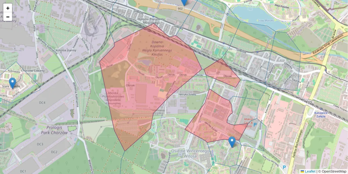 Szczegółowa mapa kodu pocztowego 40-833 z granicami, sąsiednimi kodami pocztowymi i urzędami pocztowymi