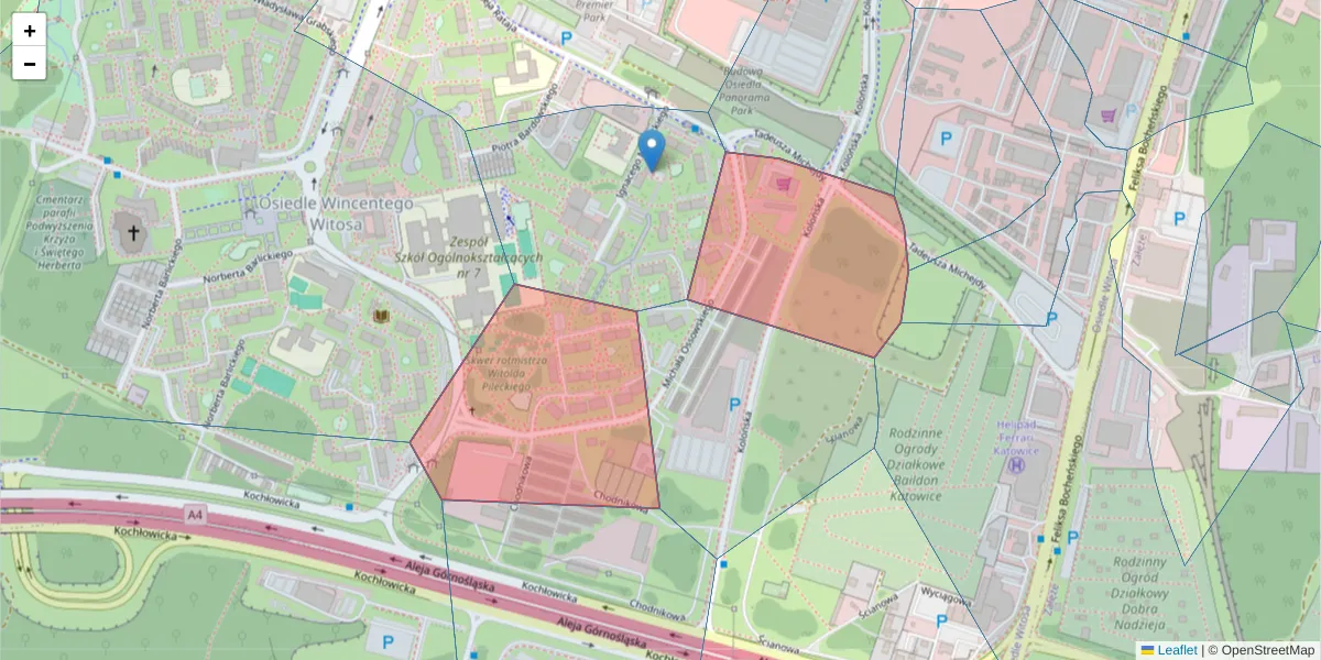 Szczegółowa mapa kodu pocztowego 40-843 z granicami, sąsiednimi kodami pocztowymi i urzędami pocztowymi