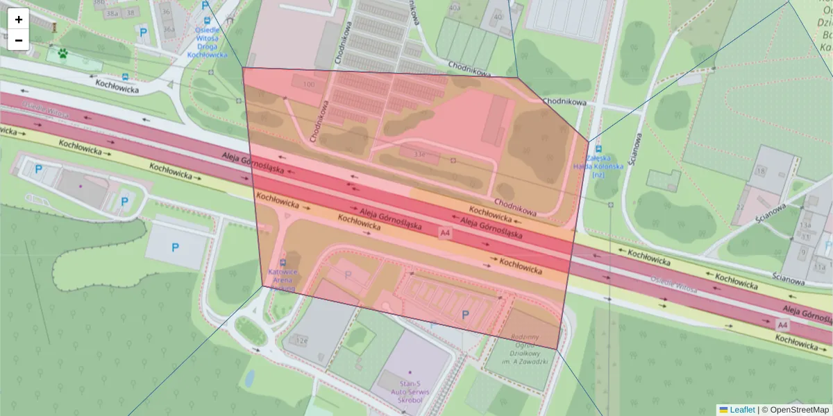 Szczegółowa mapa kodu pocztowego 40-845 z granicami, sąsiednimi kodami pocztowymi i urzędami pocztowymi