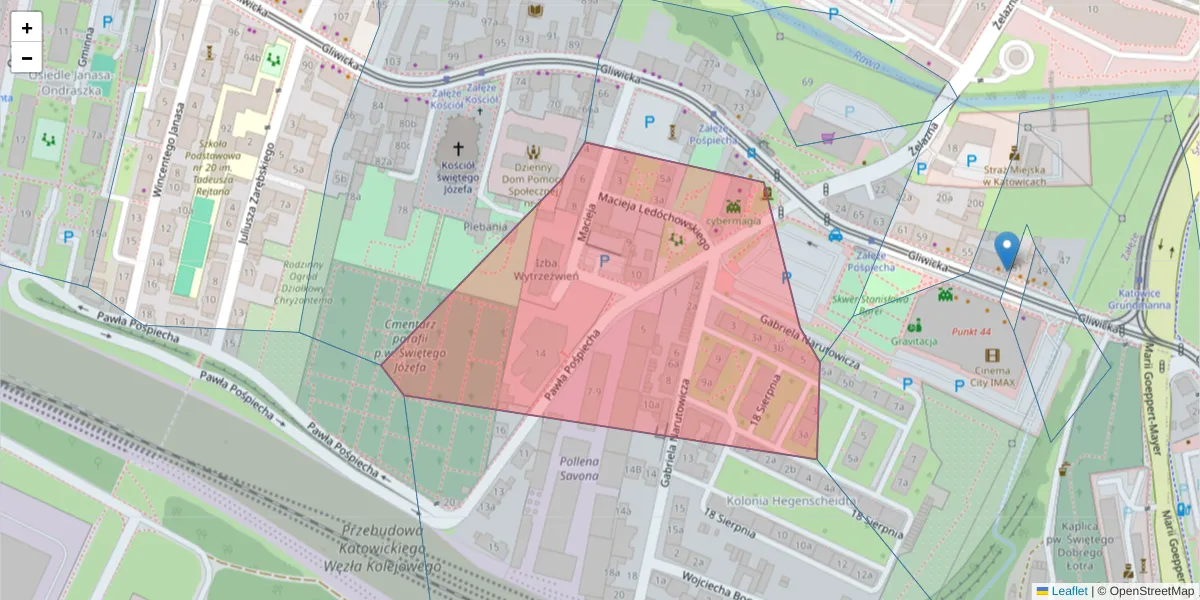 Szczegółowa mapa kodu pocztowego 40-852 z granicami, sąsiednimi kodami pocztowymi i urzędami pocztowymi