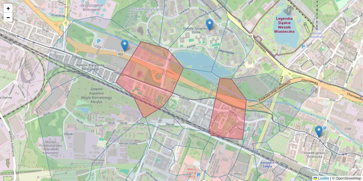 Szczegółowa mapa kodu pocztowego 40-860 z granicami, sąsiednimi kodami pocztowymi i urzędami pocztowymi