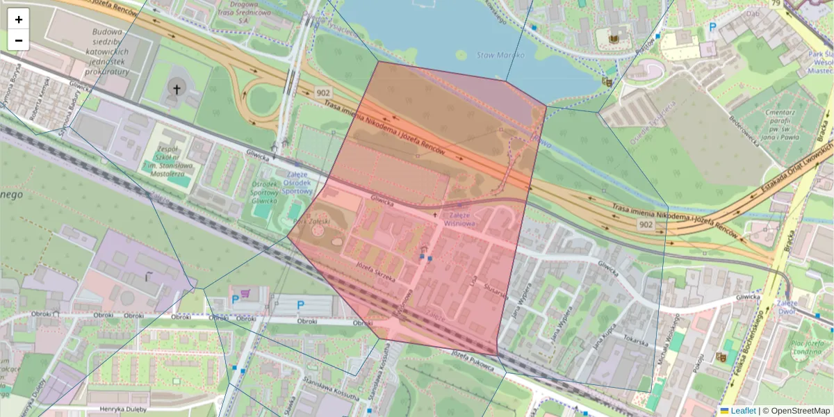 Szczegółowa mapa kodu pocztowego 40-861 z granicami, sąsiednimi kodami pocztowymi i urzędami pocztowymi