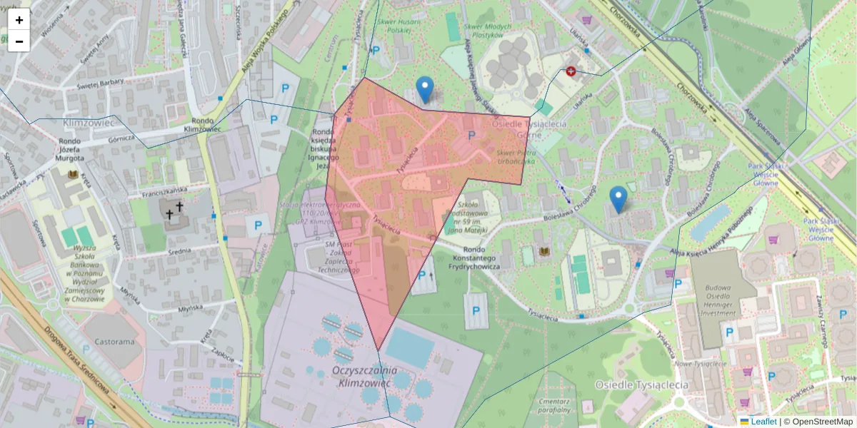 Szczegółowa mapa kodu pocztowego 40-871 z granicami, sąsiednimi kodami pocztowymi i urzędami pocztowymi