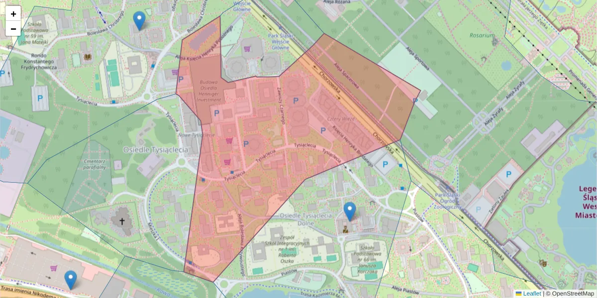 Szczegółowa mapa kodu pocztowego 40-872 z granicami, sąsiednimi kodami pocztowymi i urzędami pocztowymi