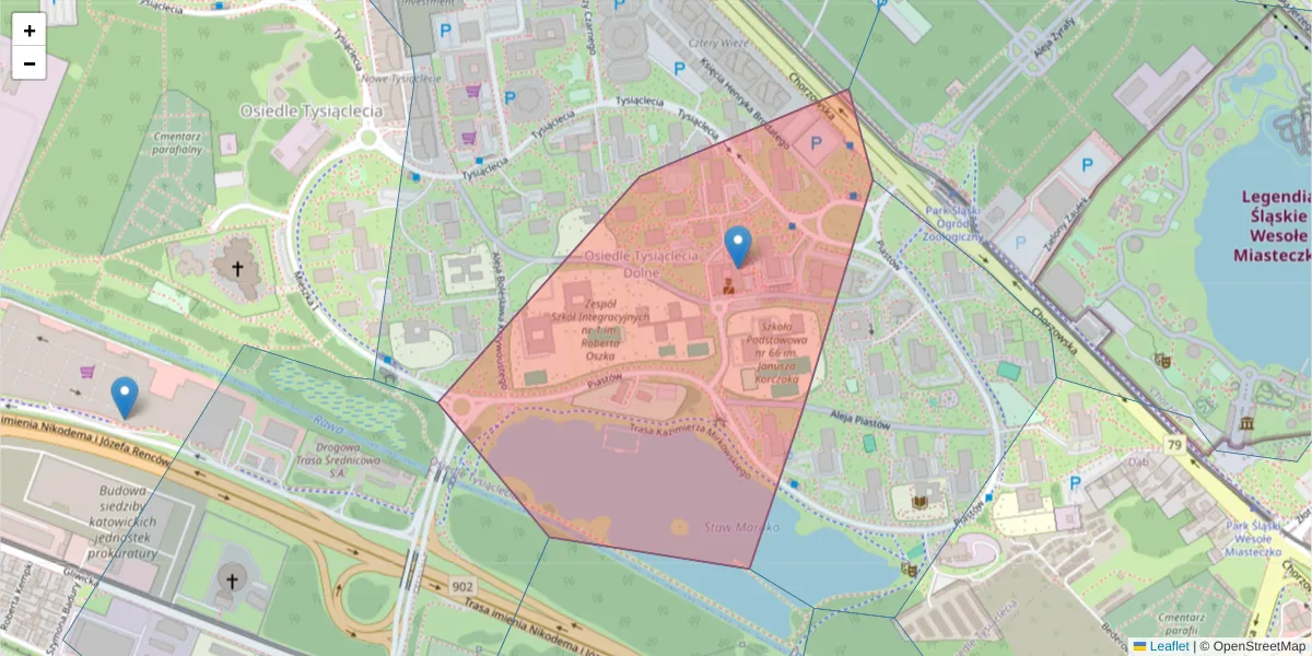 Szczegółowa mapa kodu pocztowego 40-874 z granicami, sąsiednimi kodami pocztowymi i urzędami pocztowymi