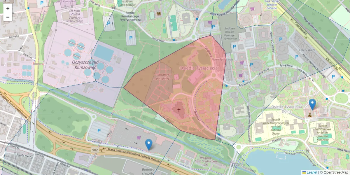 Szczegółowa mapa kodu pocztowego 40-875 z granicami, sąsiednimi kodami pocztowymi i urzędami pocztowymi