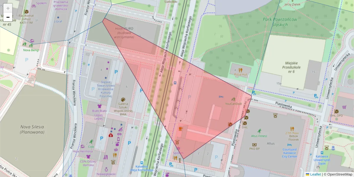 Szczegółowa mapa kodu pocztowego 40-951 z granicami, sąsiednimi kodami pocztowymi i urzędami pocztowymi