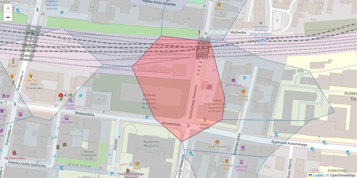 Szczegółowa mapa kodu pocztowego 40-952 z granicami, sąsiednimi kodami pocztowymi i urzędami pocztowymi