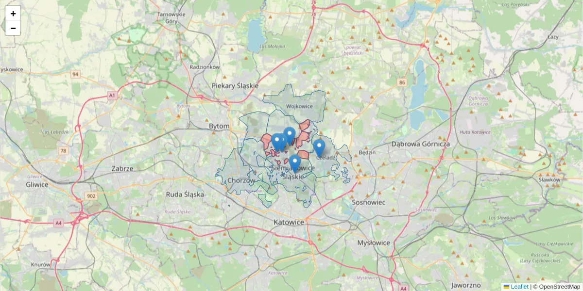 Szczegółowa mapa kodu pocztowego 41-103 z granicami, sąsiednimi kodami pocztowymi i urzędami pocztowymi