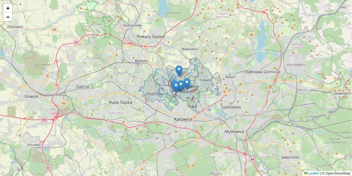 Szczegółowa mapa kodu pocztowego 41-106 z granicami, sąsiednimi kodami pocztowymi i urzędami pocztowymi