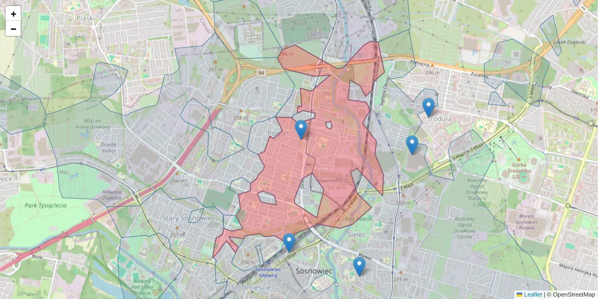 Szczegółowa mapa kodu pocztowego 41-205 z granicami, sąsiednimi kodami pocztowymi i urzędami pocztowymi
