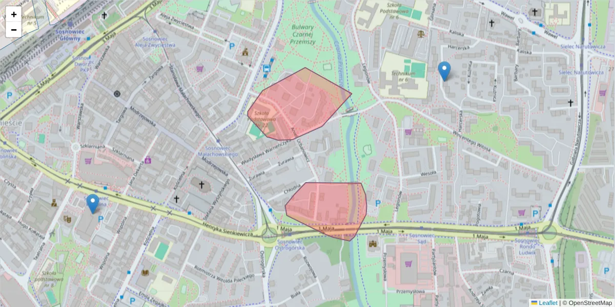 Szczegółowa mapa kodu pocztowego 41-210 z granicami, sąsiednimi kodami pocztowymi i urzędami pocztowymi