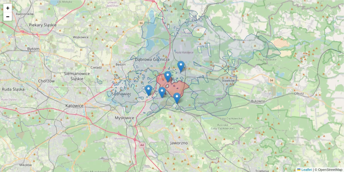 Szczegółowa mapa kodu pocztowego 41-215 z granicami, sąsiednimi kodami pocztowymi i urzędami pocztowymi