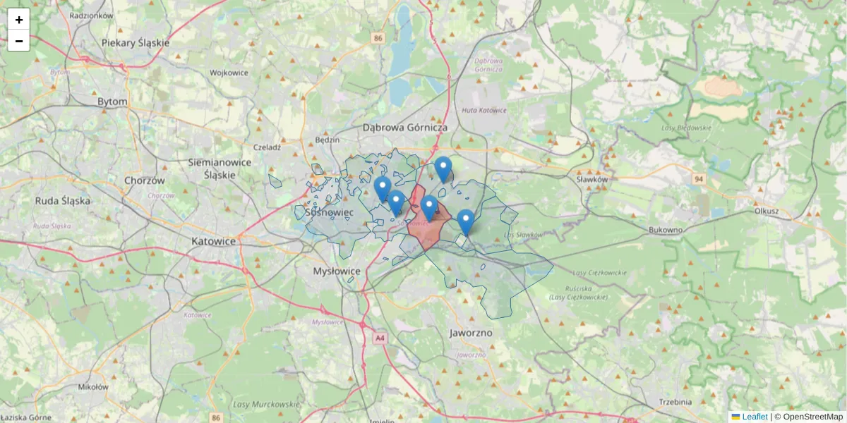 Szczegółowa mapa kodu pocztowego 41-216 z granicami, sąsiednimi kodami pocztowymi i urzędami pocztowymi