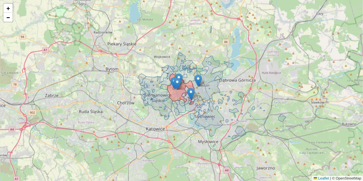 Szczegółowa mapa kodu pocztowego 41-250 z granicami, sąsiednimi kodami pocztowymi i urzędami pocztowymi