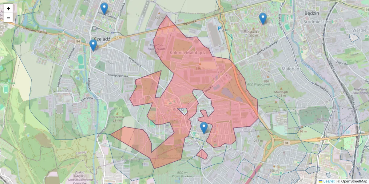 Szczegółowa mapa kodu pocztowego 41-253 z granicami, sąsiednimi kodami pocztowymi i urzędami pocztowymi