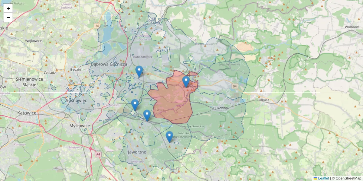 Szczegółowa mapa kodu pocztowego 41-260 z granicami, sąsiednimi kodami pocztowymi i urzędami pocztowymi