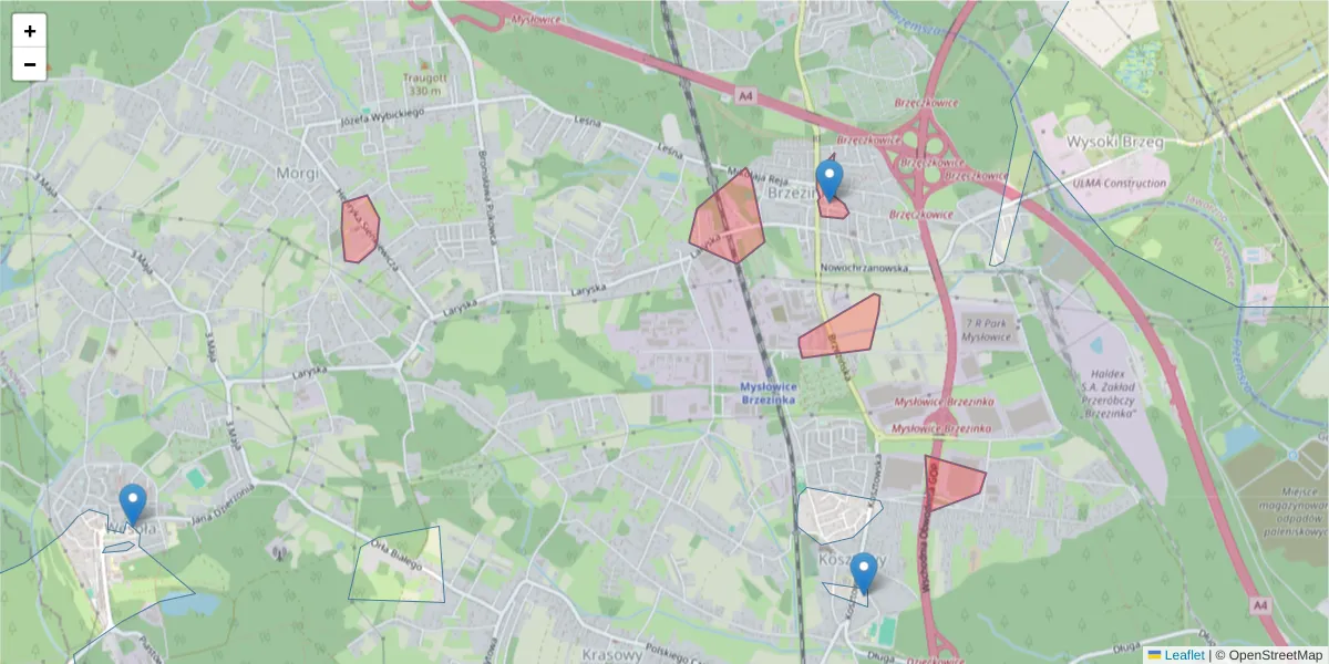 Szczegółowa mapa kodu pocztowego 41-404 z granicami, sąsiednimi kodami pocztowymi i urzędami pocztowymi