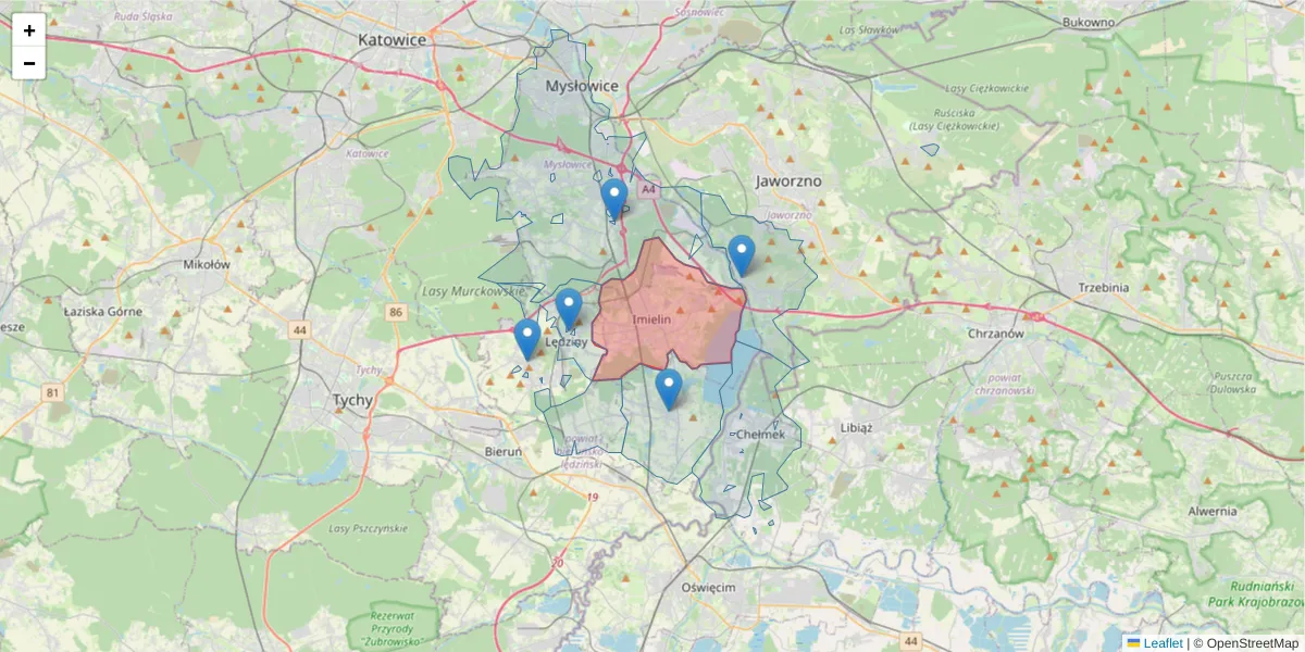 Szczegółowa mapa kodu pocztowego 41-407 z granicami, sąsiednimi kodami pocztowymi i urzędami pocztowymi