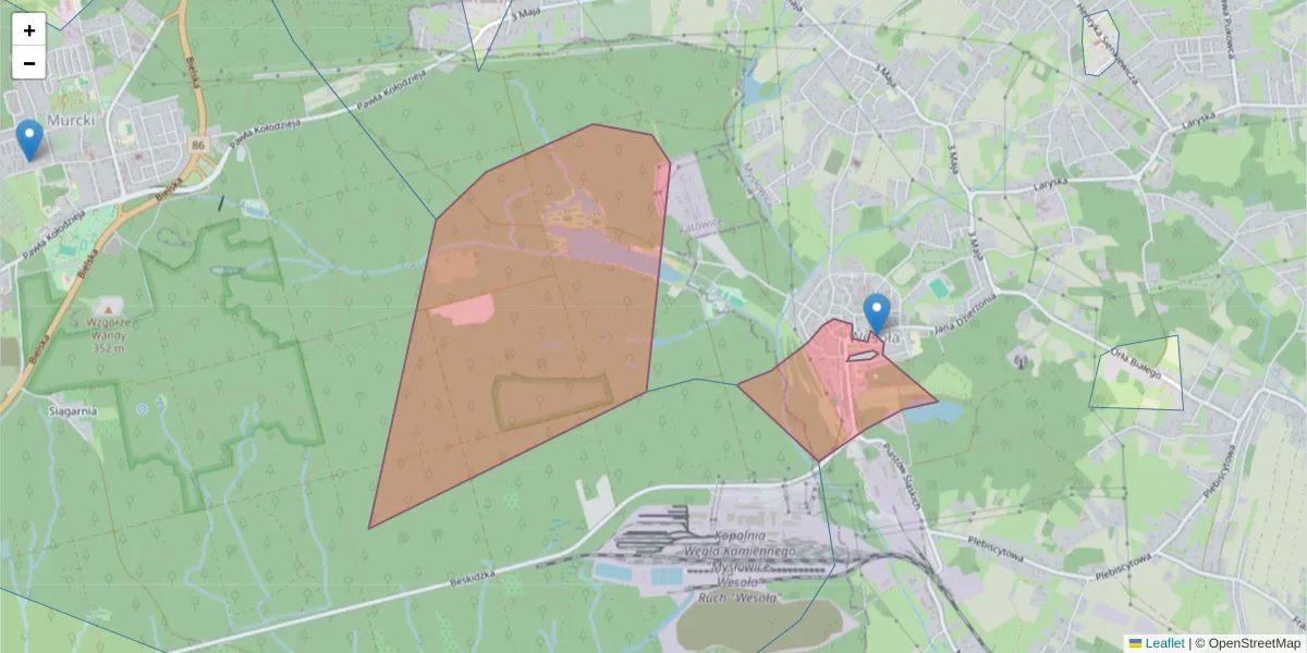 Szczegółowa mapa kodu pocztowego 41-408 z granicami, sąsiednimi kodami pocztowymi i urzędami pocztowymi