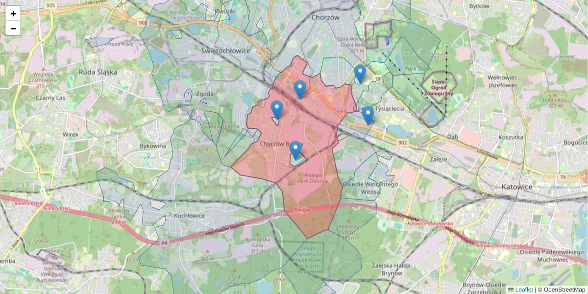 Szczegółowa mapa kodu pocztowego 41-506 z granicami, sąsiednimi kodami pocztowymi i urzędami pocztowymi