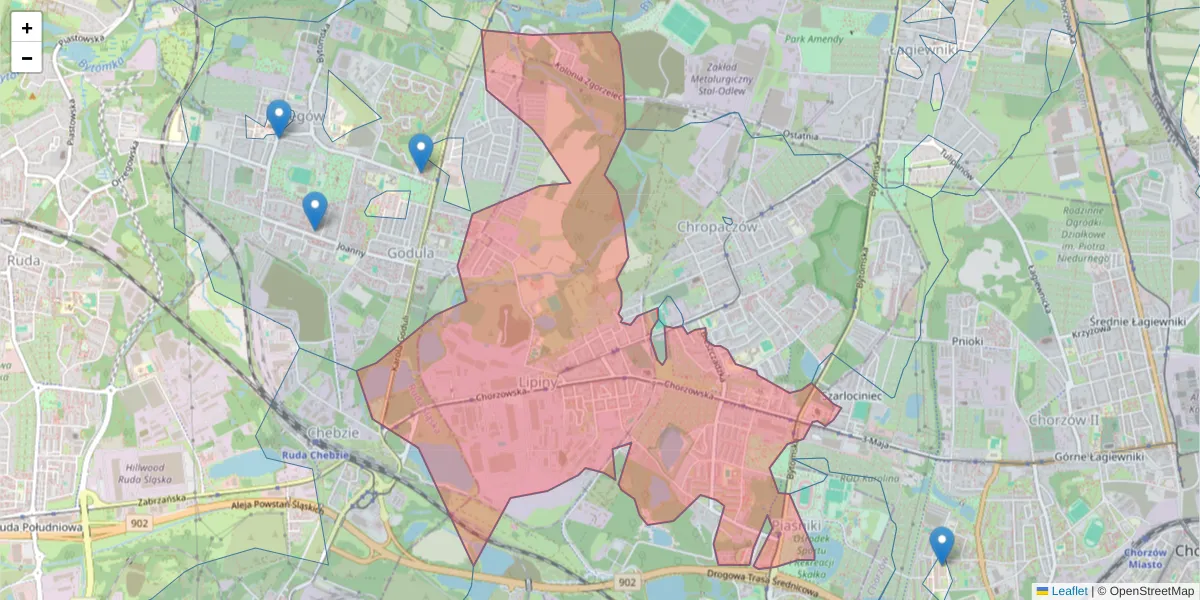 Szczegółowa mapa kodu pocztowego 41-605 z granicami, sąsiednimi kodami pocztowymi i urzędami pocztowymi