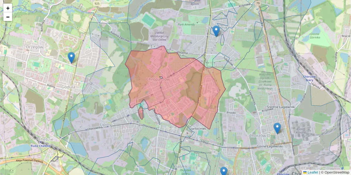 Szczegółowa mapa kodu pocztowego 41-608 z granicami, sąsiednimi kodami pocztowymi i urzędami pocztowymi