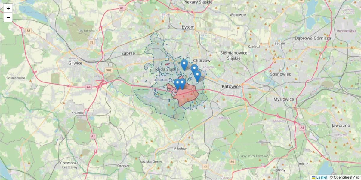 Szczegółowa mapa kodu pocztowego 41-707 z granicami, sąsiednimi kodami pocztowymi i urzędami pocztowymi