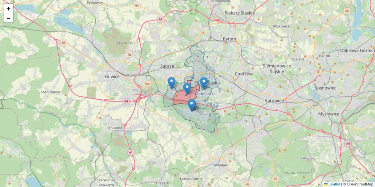 Szczegółowa mapa kodu pocztowego 41-711 z granicami, sąsiednimi kodami pocztowymi i urzędami pocztowymi