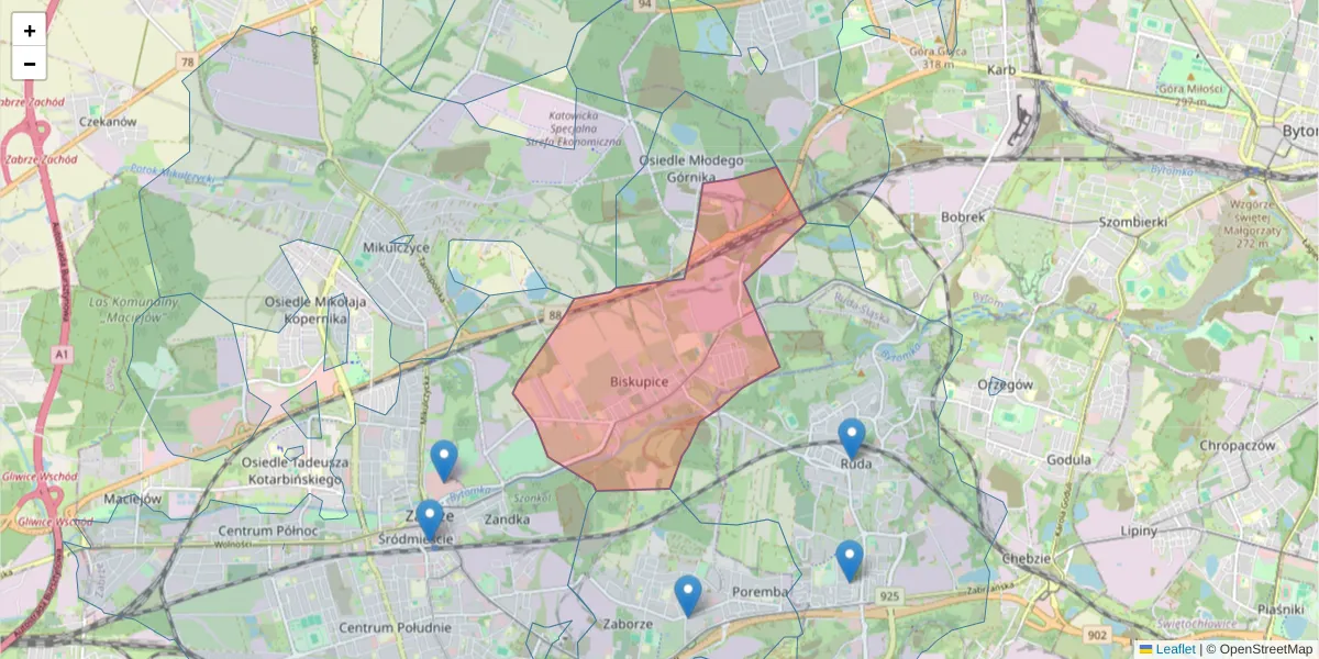 Szczegółowa mapa kodu pocztowego 41-803 z granicami, sąsiednimi kodami pocztowymi i urzędami pocztowymi