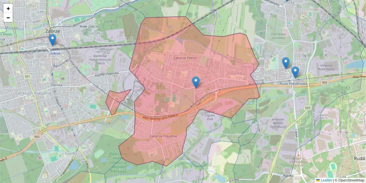 Szczegółowa mapa kodu pocztowego 41-806 z granicami, sąsiednimi kodami pocztowymi i urzędami pocztowymi