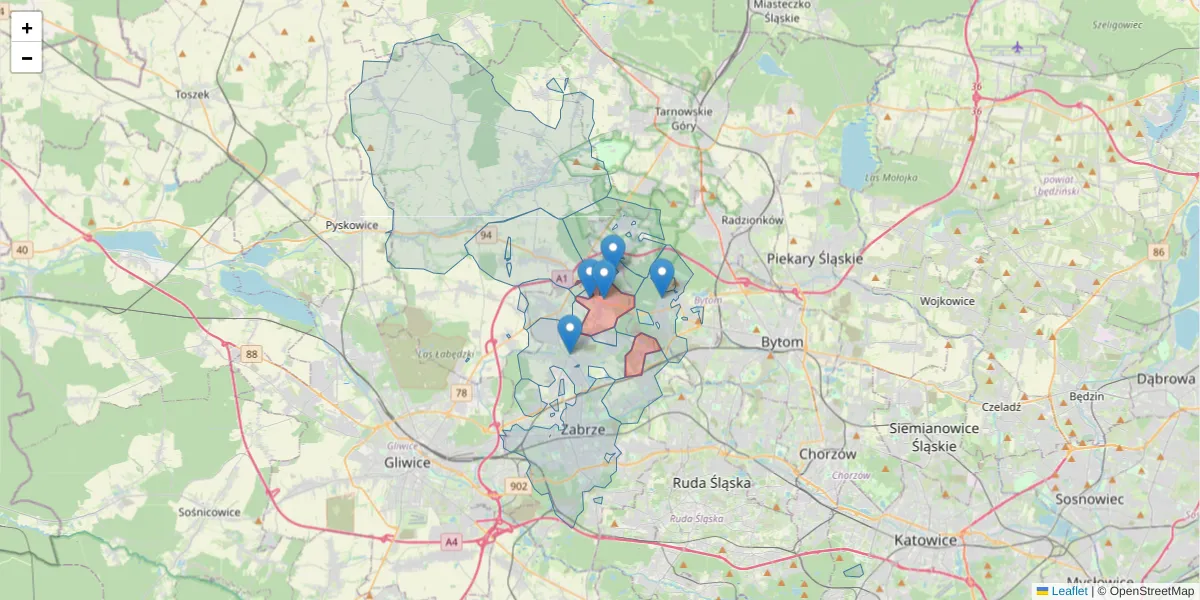 Szczegółowa mapa kodu pocztowego 41-808 z granicami, sąsiednimi kodami pocztowymi i urzędami pocztowymi