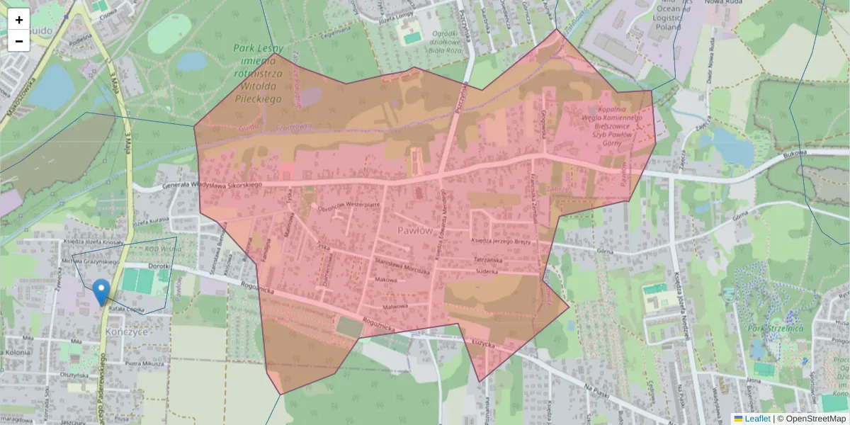 Szczegółowa mapa kodu pocztowego 41-809 z granicami, sąsiednimi kodami pocztowymi i urzędami pocztowymi