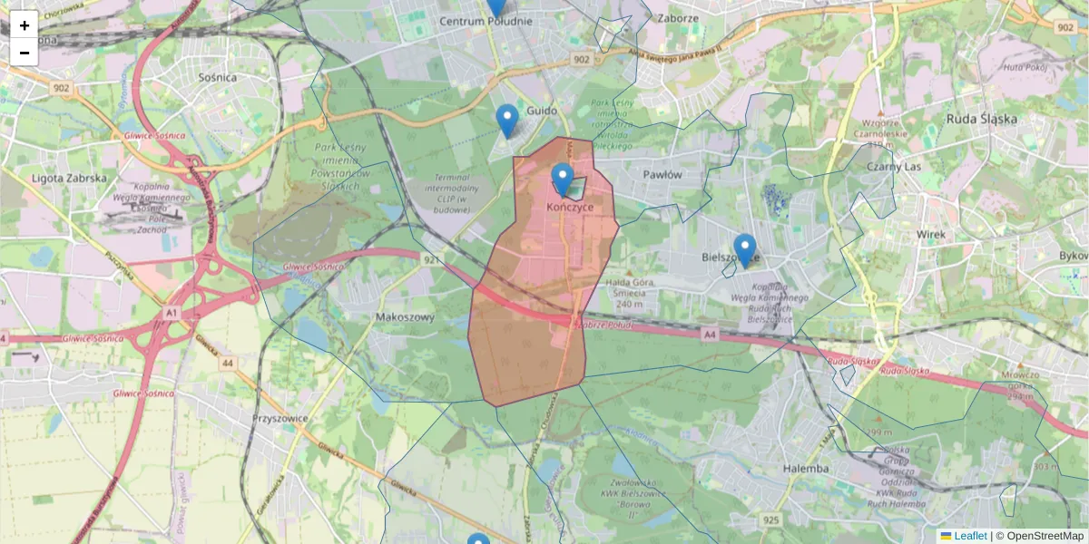 Szczegółowa mapa kodu pocztowego 41-810 z granicami, sąsiednimi kodami pocztowymi i urzędami pocztowymi
