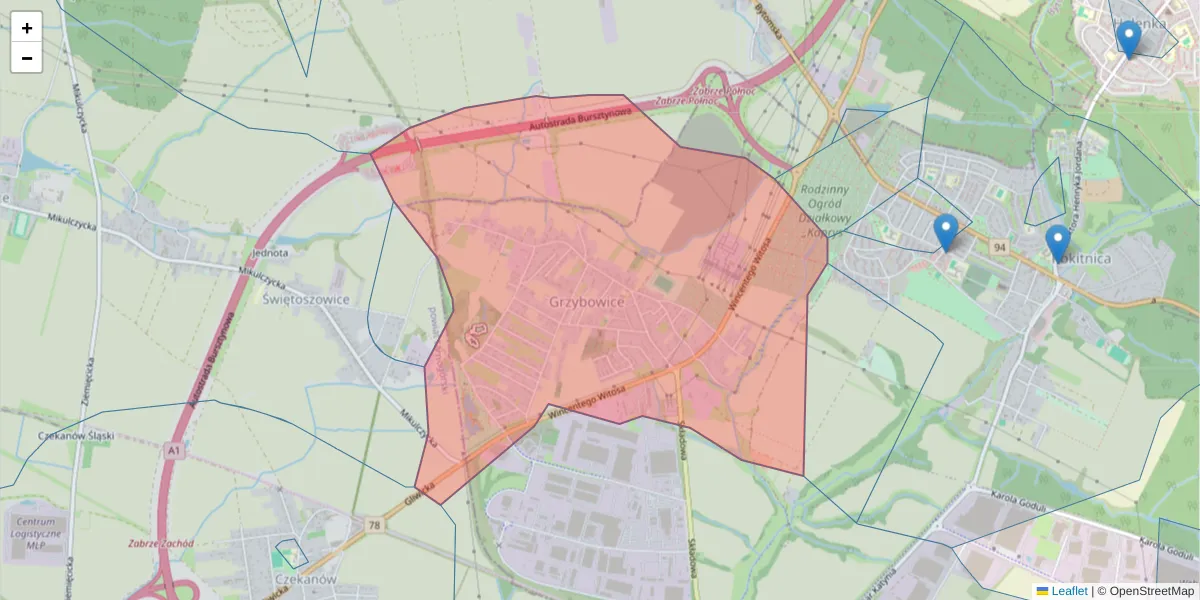 Szczegółowa mapa kodu pocztowego 41-814 z granicami, sąsiednimi kodami pocztowymi i urzędami pocztowymi