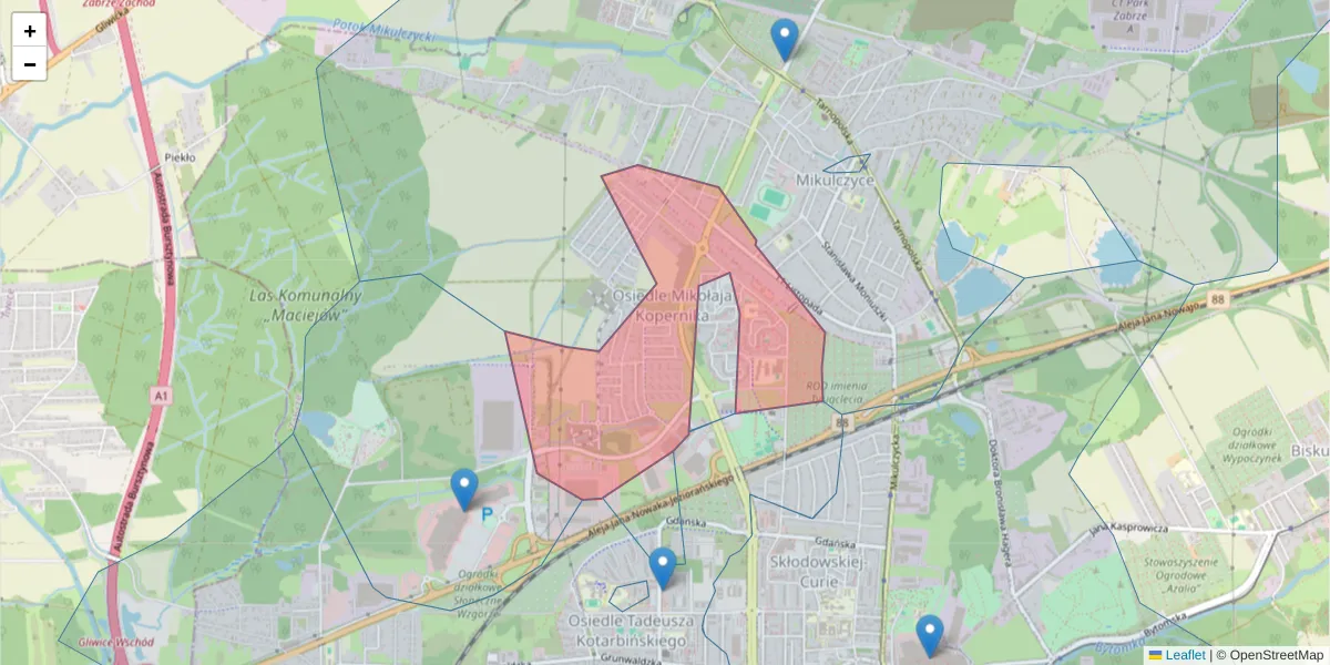 Szczegółowa mapa kodu pocztowego 41-818 z granicami, sąsiednimi kodami pocztowymi i urzędami pocztowymi