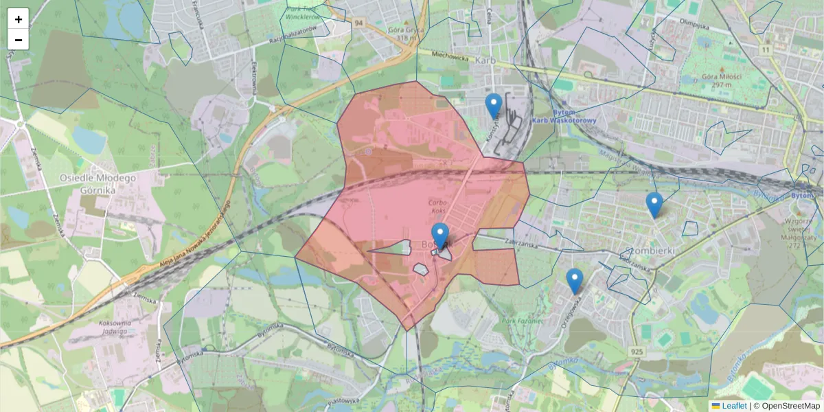 Szczegółowa mapa kodu pocztowego 41-905 z granicami, sąsiednimi kodami pocztowymi i urzędami pocztowymi