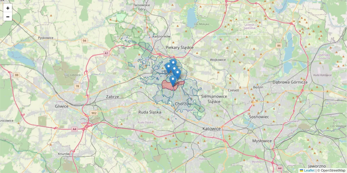 Szczegółowa mapa kodu pocztowego 41-909 z granicami, sąsiednimi kodami pocztowymi i urzędami pocztowymi