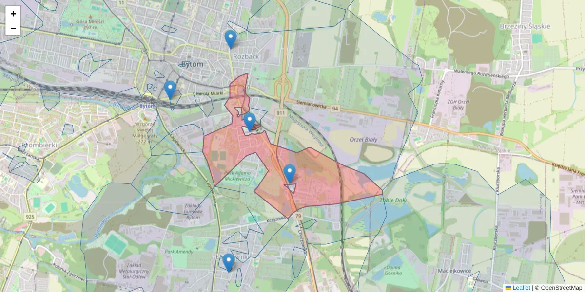 Szczegółowa mapa kodu pocztowego 41-910 z granicami, sąsiednimi kodami pocztowymi i urzędami pocztowymi