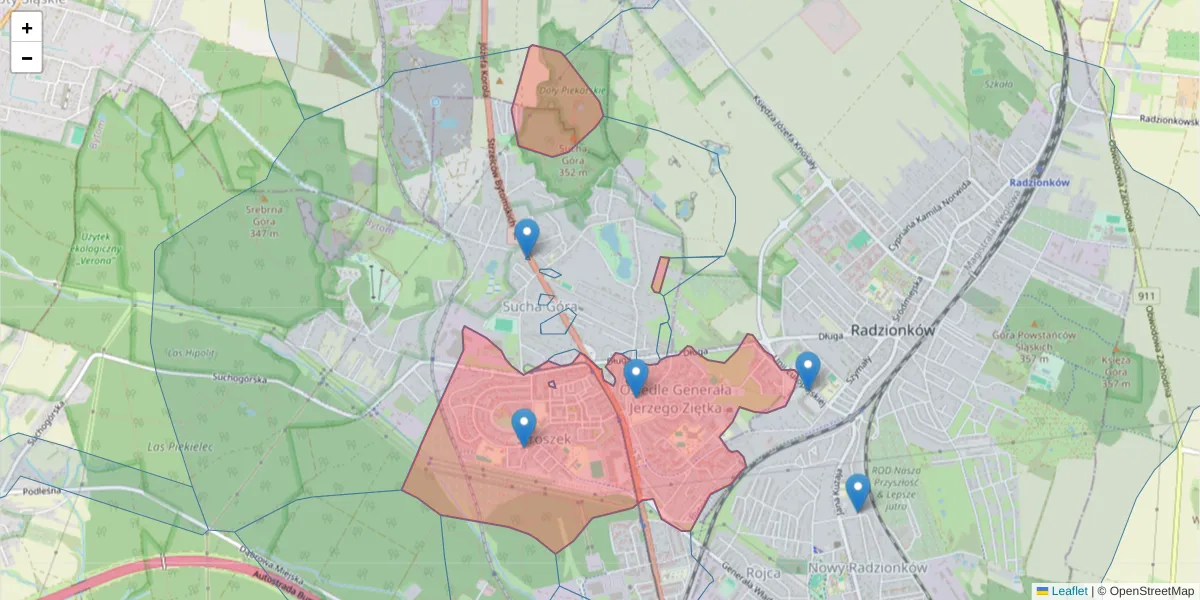 Szczegółowa mapa kodu pocztowego 41-933 z granicami, sąsiednimi kodami pocztowymi i urzędami pocztowymi