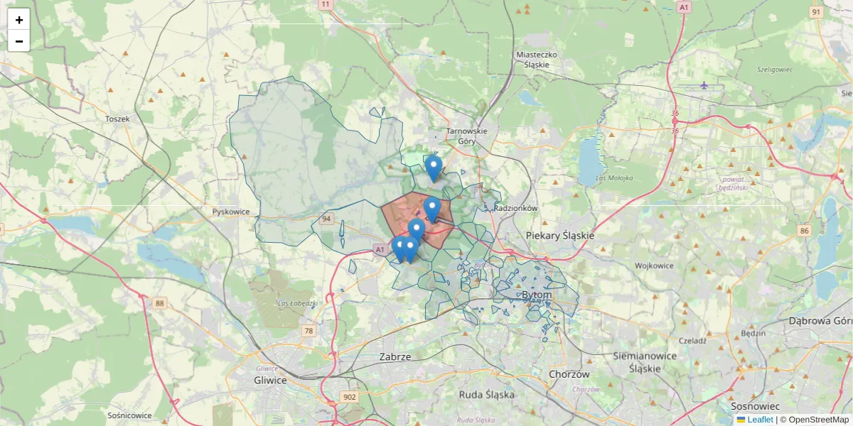 Szczegółowa mapa kodu pocztowego 41-936 z granicami, sąsiednimi kodami pocztowymi i urzędami pocztowymi