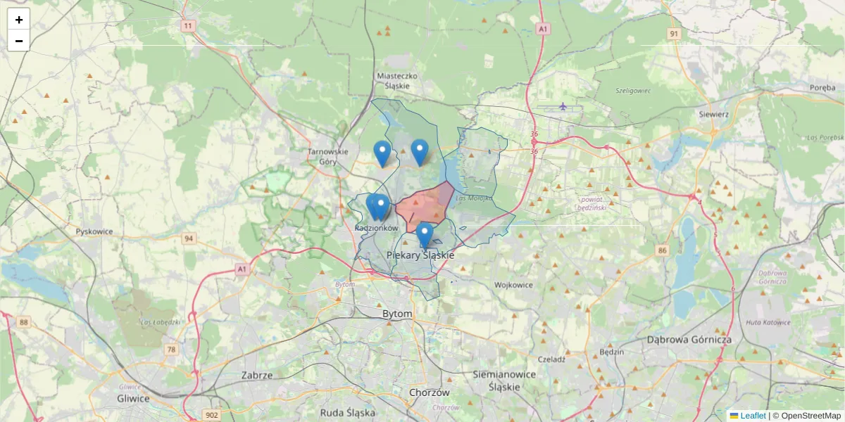 Szczegółowa mapa kodu pocztowego 41-945 z granicami, sąsiednimi kodami pocztowymi i urzędami pocztowymi