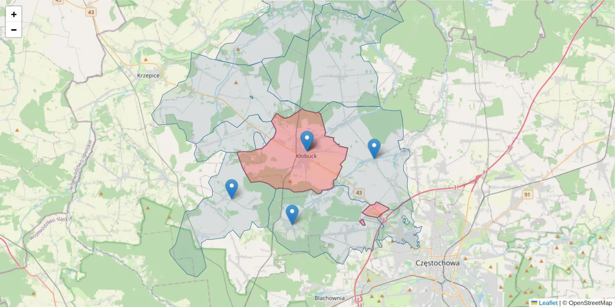 Szczegółowa mapa kodu pocztowego 42-100 z granicami, sąsiednimi kodami pocztowymi i urzędami pocztowymi
