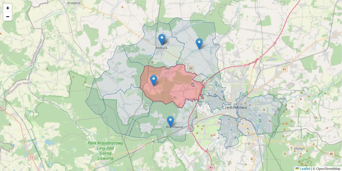 Szczegółowa mapa kodu pocztowego 42-130 z granicami, sąsiednimi kodami pocztowymi i urzędami pocztowymi