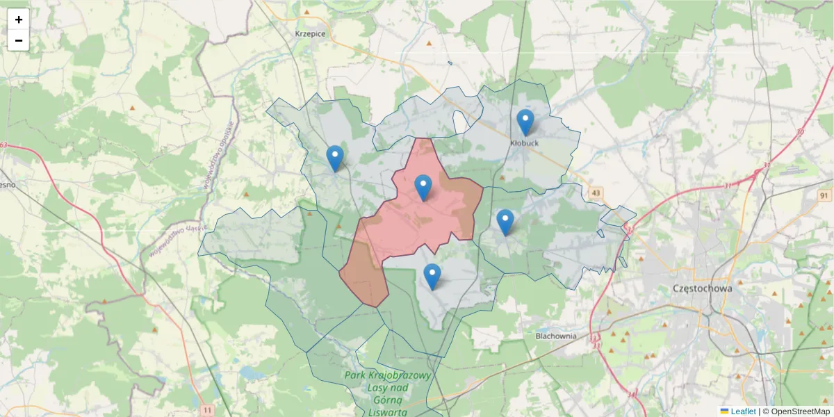 Szczegółowa mapa kodu pocztowego 42-134 z granicami, sąsiednimi kodami pocztowymi i urzędami pocztowymi