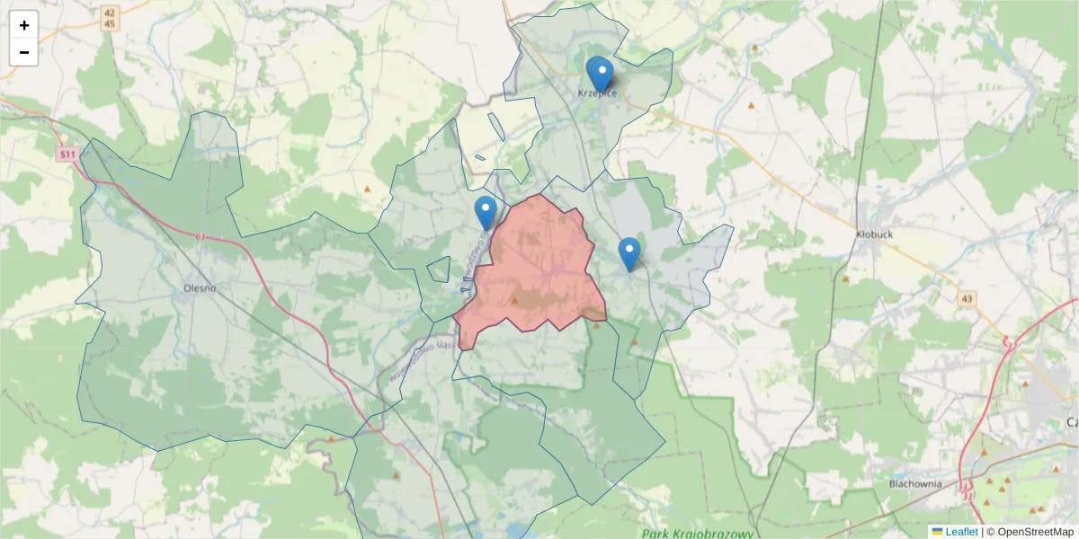 Szczegółowa mapa kodu pocztowego 42-141 z granicami, sąsiednimi kodami pocztowymi i urzędami pocztowymi